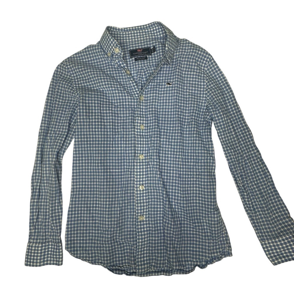 Boys Vineyard Vines Blue Plaid Whale Button Down Shirt m - Picture 3 of 6